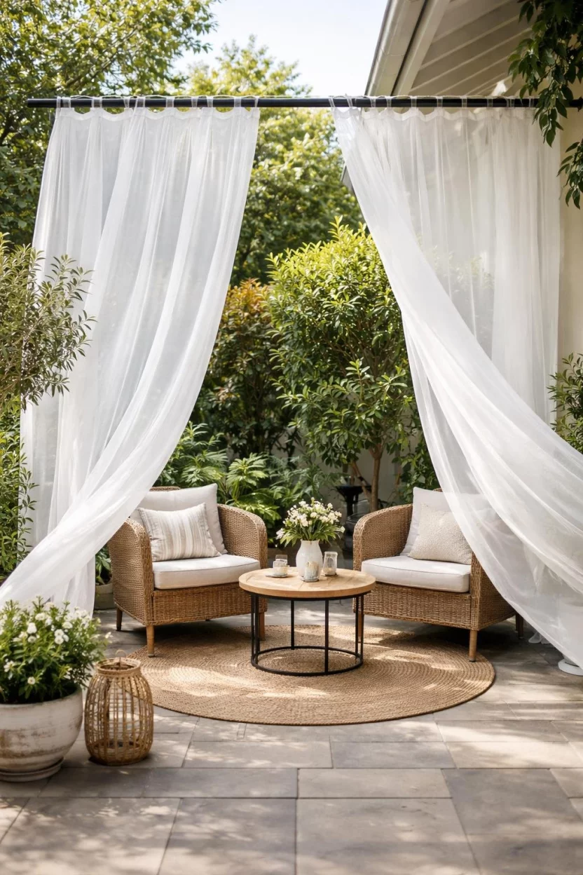 A realistic photo of a small patio with white sheer outdoor curtains hanging from a black rod, softly blowing in the wind and partially shielding a small seating area with two wicker chairs.
