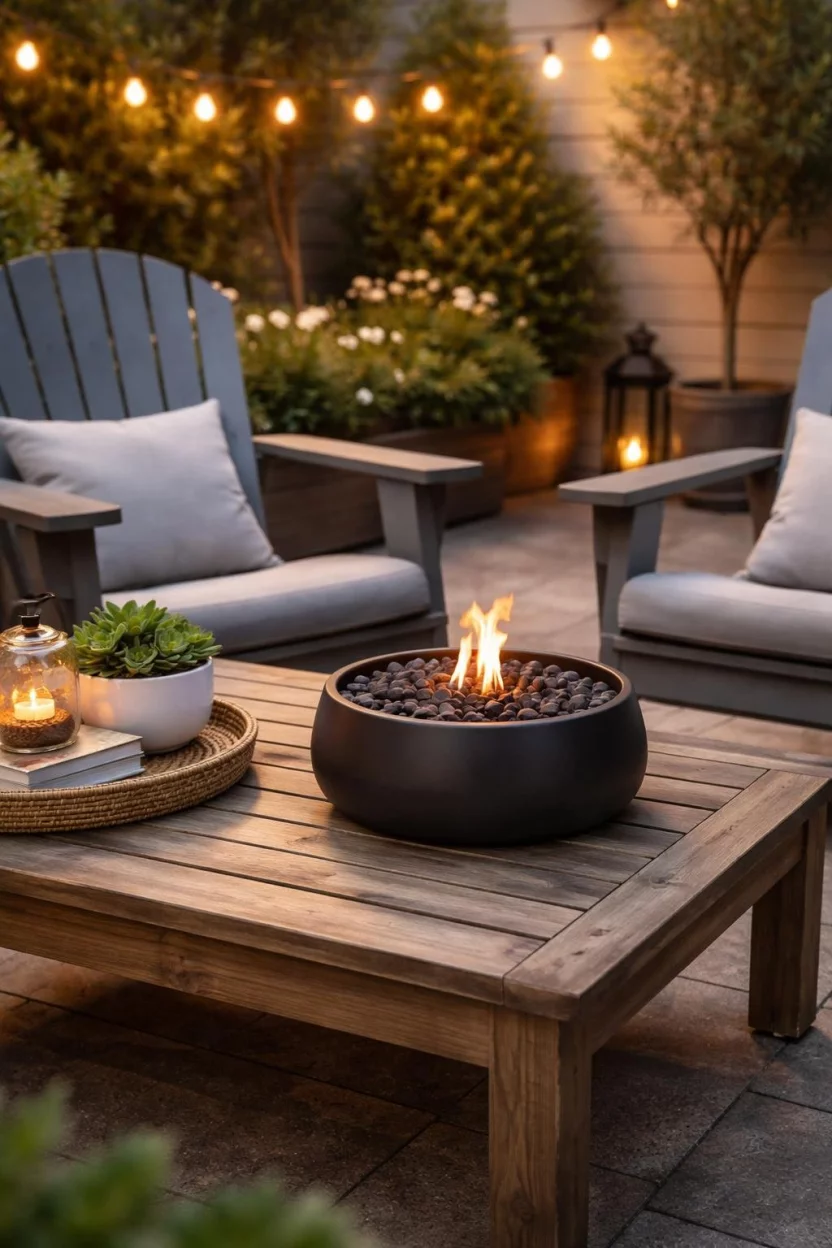 A realistic photo of a small patio with a compact black tabletop fire pit sitting on a wooden coffee table, flickering with a small orange flame, surrounded by two gray Adirondack chairs.