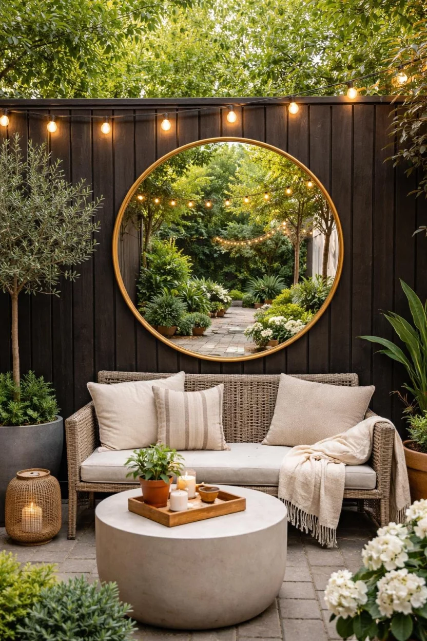 A realistic photo of a small patio featuring a large round gold framed mirror hanging on a dark wood fence, reflecting a small garden and string lights, making the courtyard appear much larger than its actual size.