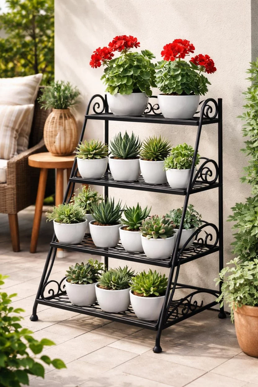 A realistic photo of a small patio with a three-tier black wrought iron plant stand holding various small succulents in white ceramic pots and a few red flowering geraniums.
