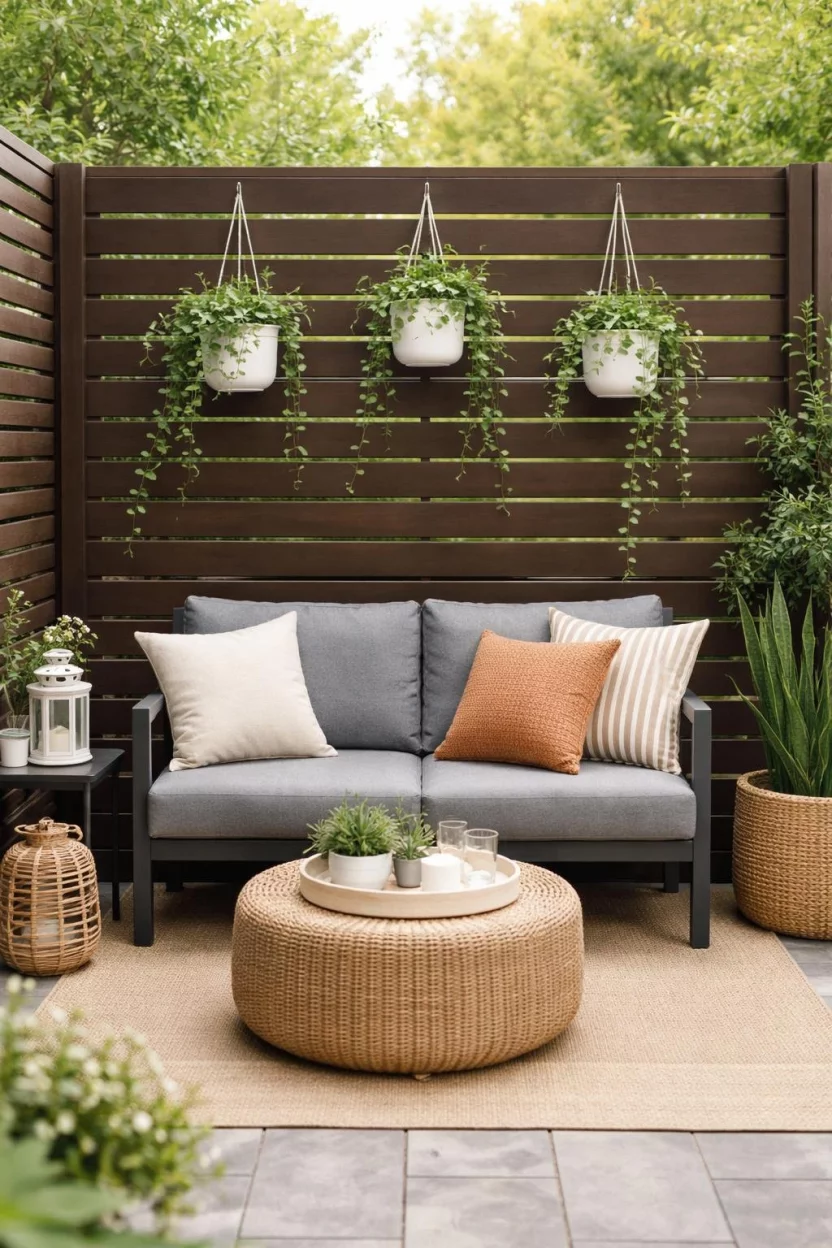A realistic photo of a small patio featuring a dark brown wood slat privacy screen behind a small gray sofa, decorated with a few small hanging white pots containing trailing ivy plants.