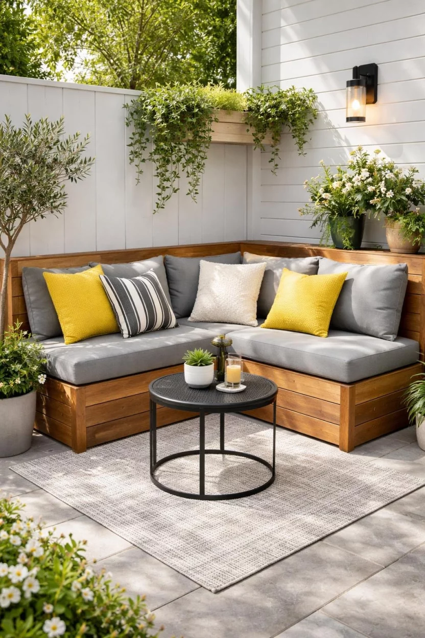 A realistic photo of a small patio with a built-in wooden corner bench featuring gray cushions and yellow accent pillows, tucked into a corner next to a small round black metal side table.