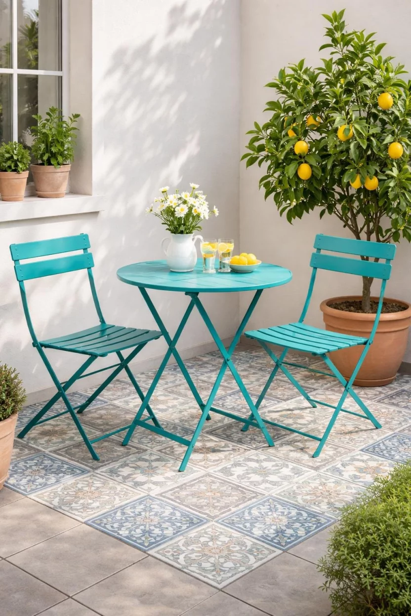 A realistic photo of a small patio featuring a turquoise metal folding bistro set with two chairs and a round table, positioned on a patterned tile floor next to a potted lemon tree in a terracotta pot.
