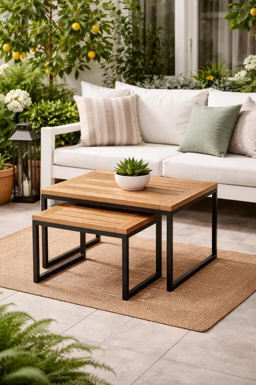 A realistic photo of a small patio with a set of two wooden nesting tables in front of a white bench, with the smaller table partially tucked under the larger one, holding a small green succulent plant.