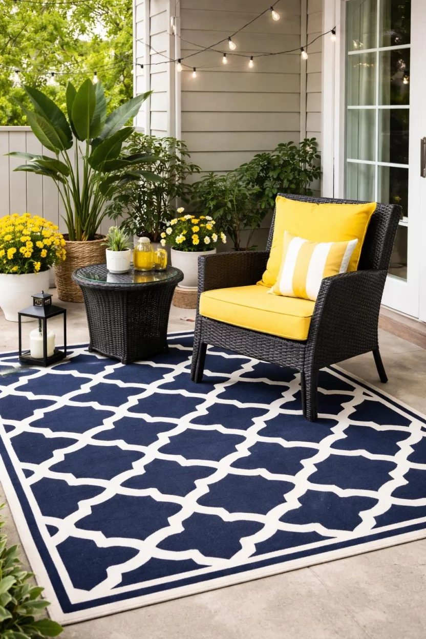 A realistic photo of a small patio with a bold navy and white geometric outdoor rug covering the concrete floor, paired with a small black wicker chair and several bright yellow outdoor pillows for a pop of color.
