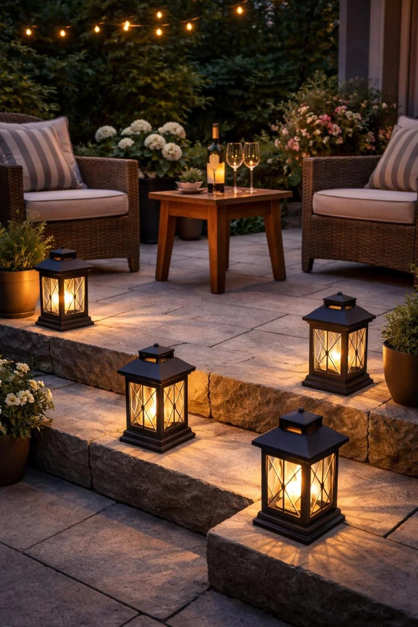 A realistic photo of a small patio with several black metal solar powered lanterns sitting on the steps, emitting a soft warm light against the evening shadows, surrounding a small wooden side table.