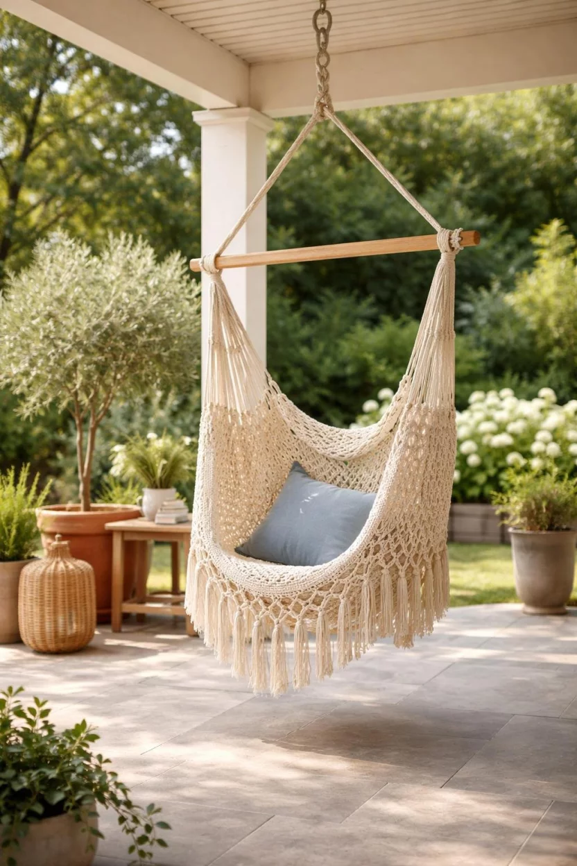 A realistic photo of a small patio featuring a cream-colored macrame hammock chair hanging from a sturdy overhead beam, with a tasseled edge and a small blue pillow resting inside.