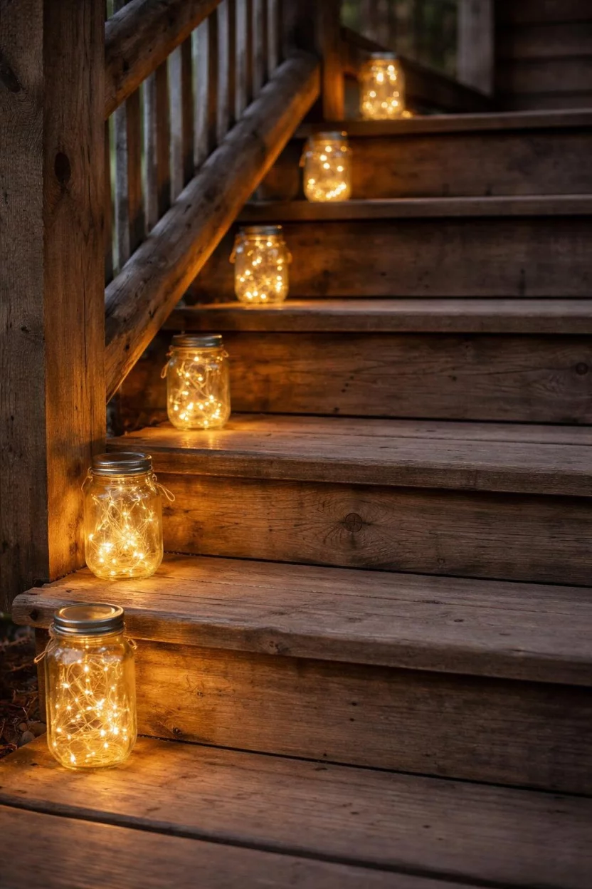 A realistic photo of a rustic wooden staircase where several clear glass mason jars filled with warm white fairy lights are placed on the corner of each step.
