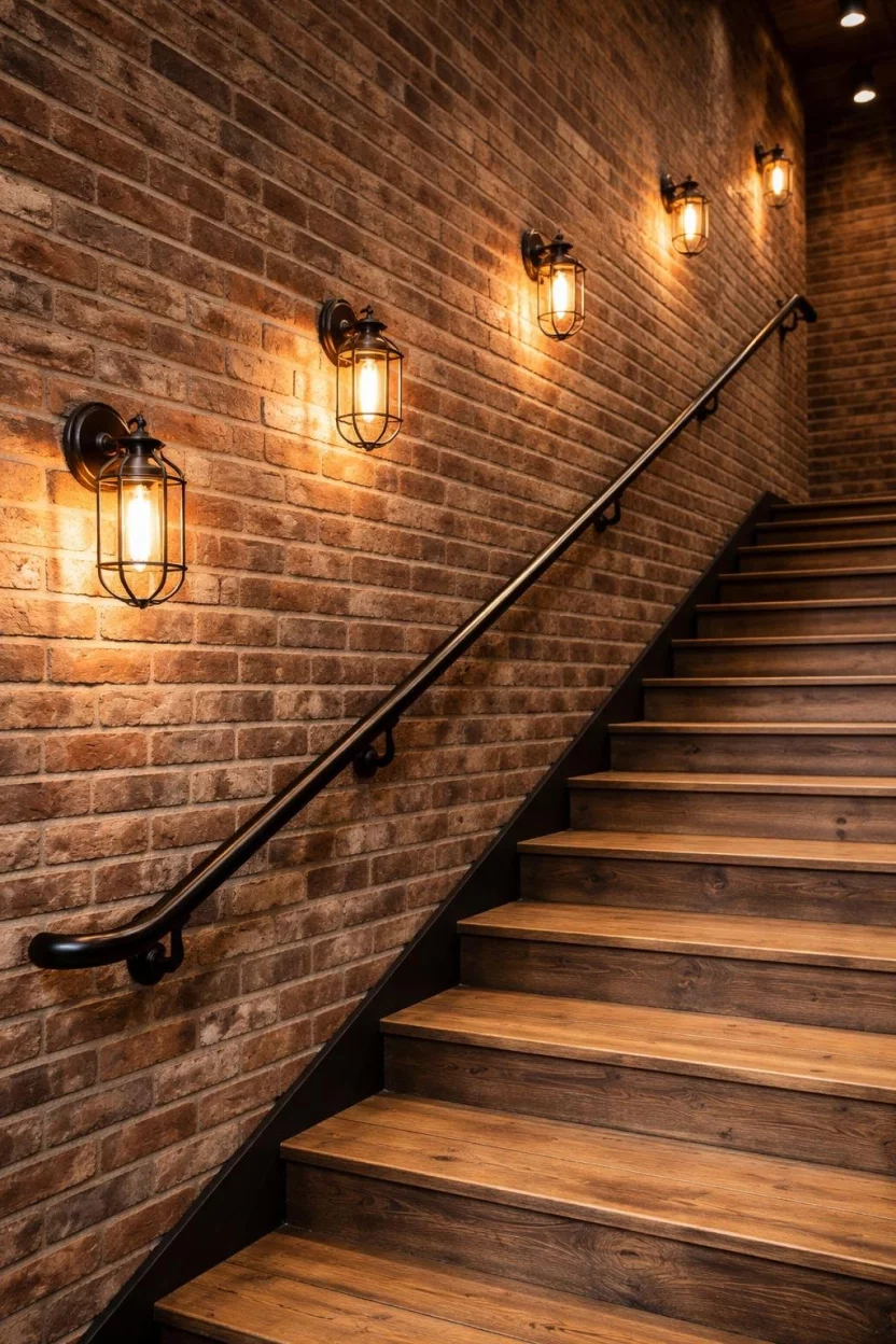 A realistic photo of a staircase with brick walls featuring several bronze metal caged wall sconces with edison bulbs spaced evenly along the wall next to reclaimed wood stairs and an iron handrail.