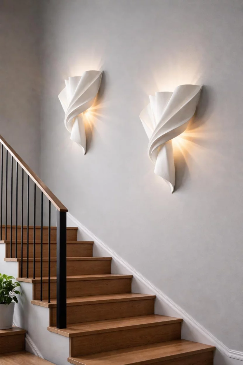 A realistic photo of a staircase wall featuring two large white plaster sculptural wall sconces that look like folded paper casting artistic light patterns onto a grey wall.