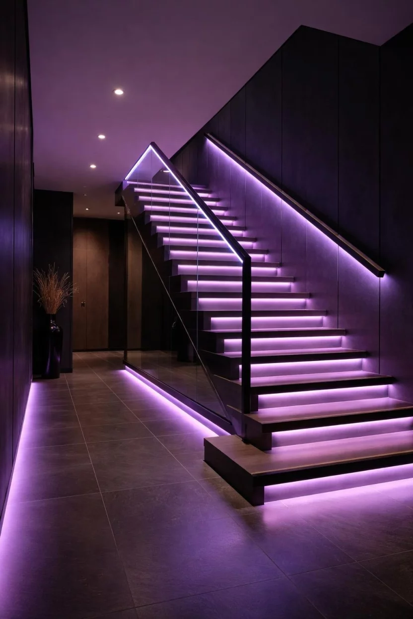 A realistic photo of a modern staircase with purple LED light strips hidden under the handrail and along the baseboards in a dark contemporary interior.