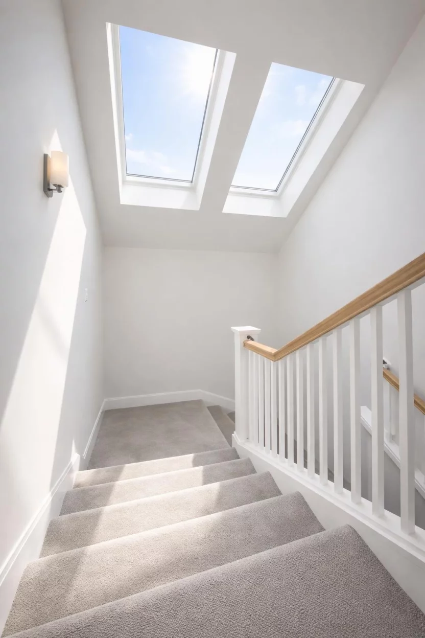 A realistic photo of a stairwell under a pitched roof with two large rectangular skylights allowing natural bright sunlight to pour onto light grey carpeted stairs and white walls during the day.