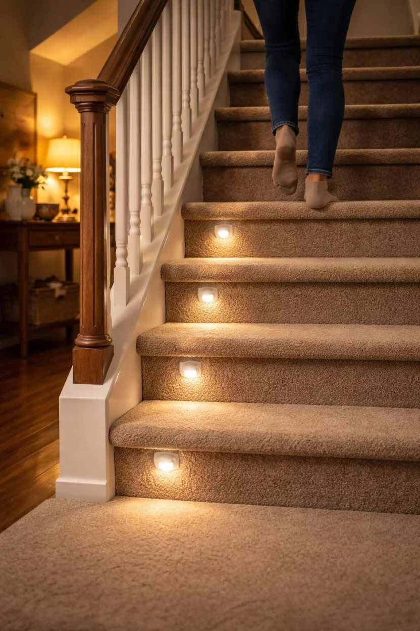 A realistic photo of a carpeted staircase in a cozy home where small white motion activated battery operated lights illuminate as a person approaches showing a soft warm glow on the beige carpet treads.