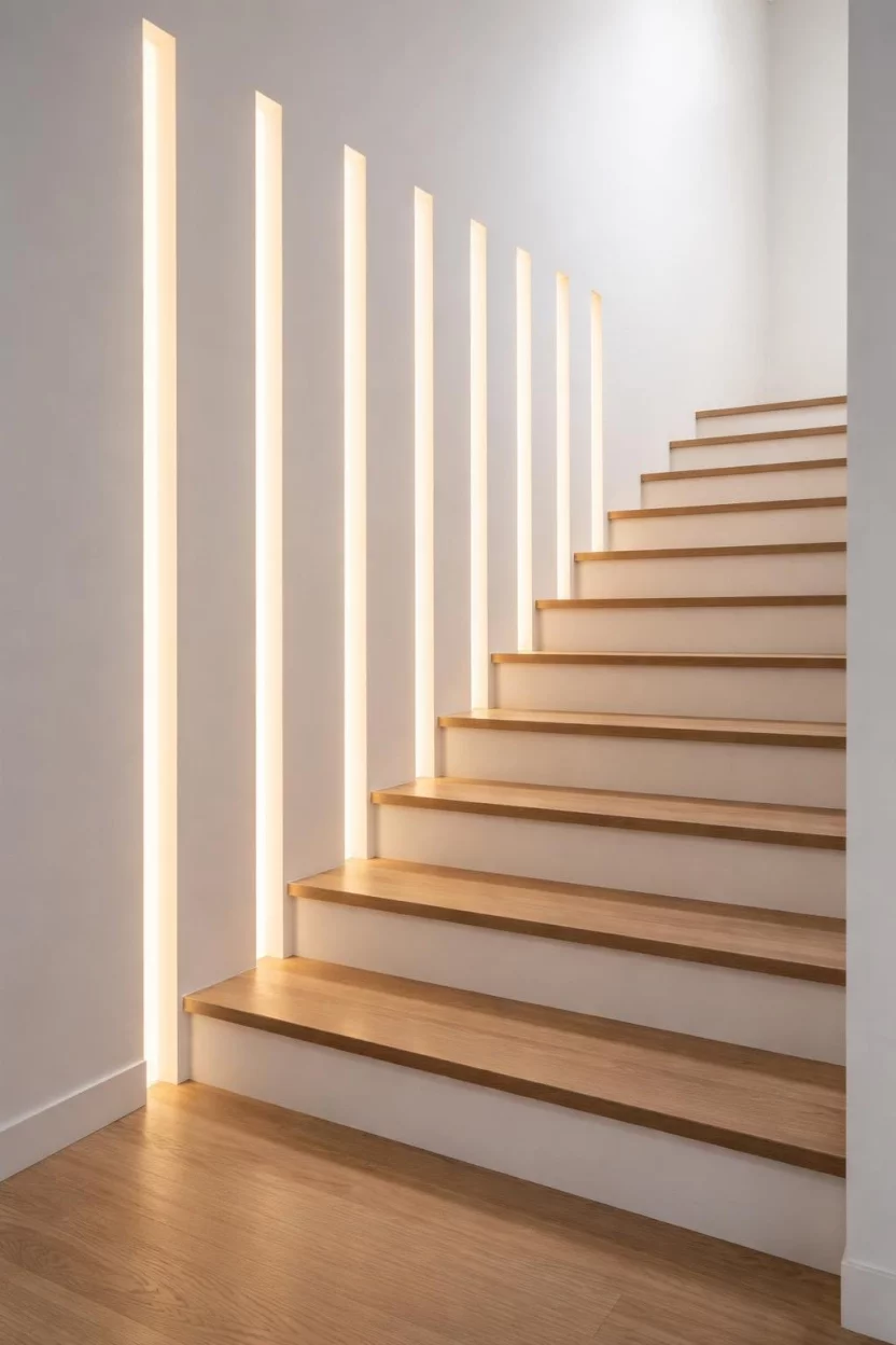 A realistic photo of a white minimalist staircase with tall vertical slots cut into the drywall wall containing hidden warm white LED strips that cast long vertical shadows on the light wood stairs.