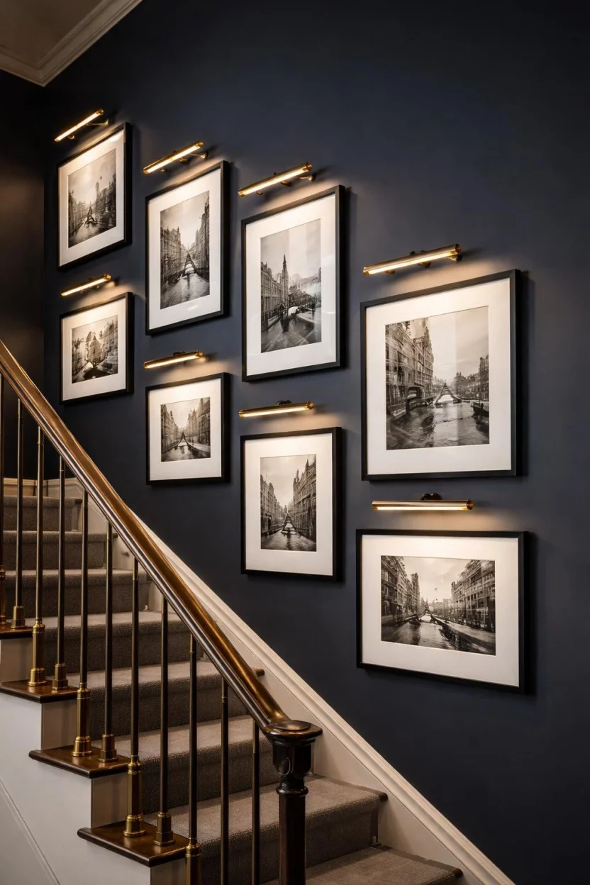 A realistic photo of a staircase wall lined with framed black and white photos each illuminated by a slim brass picture light mounted above the frame on a dark navy blue wall.