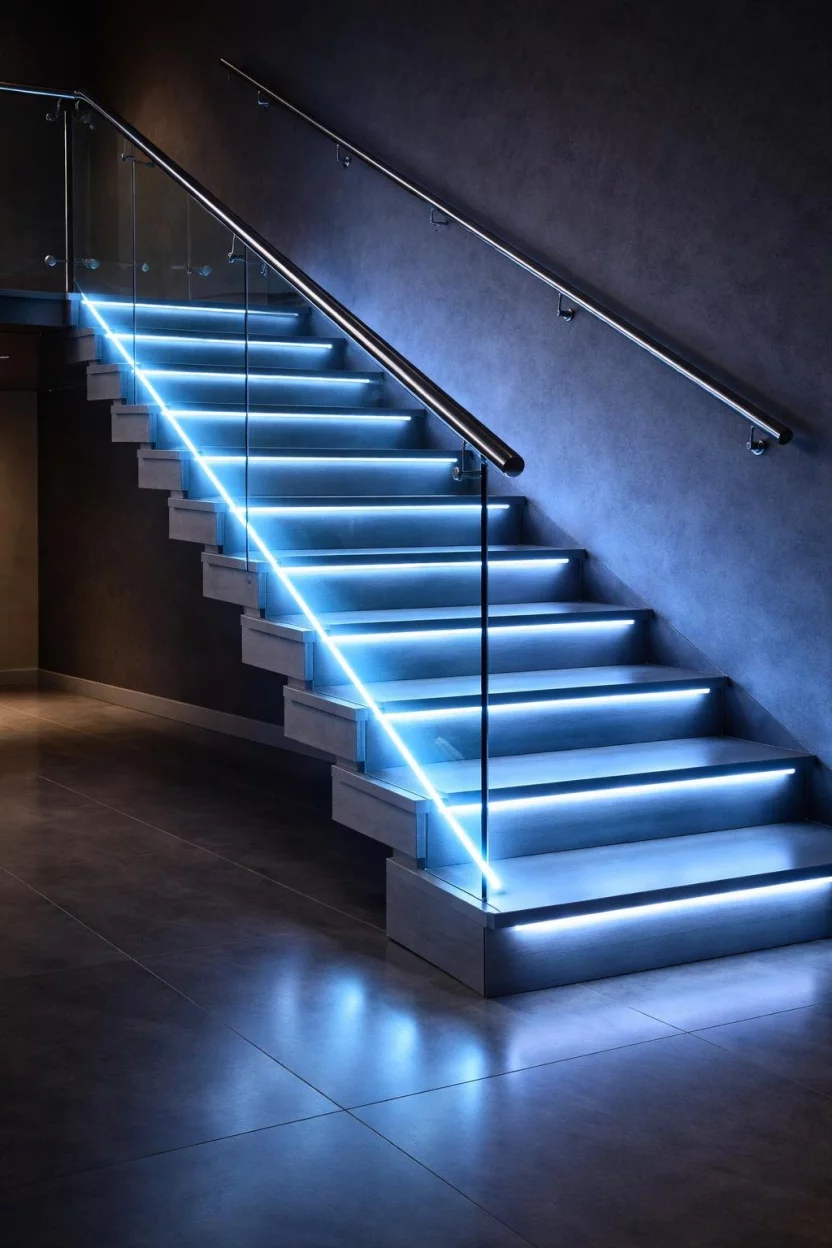 A realistic photo of a modern glass staircase balustrade where the bottom edge of the glass panels is lit with blue LED light strips making the entire glass pane glow elegantly in a dark room.