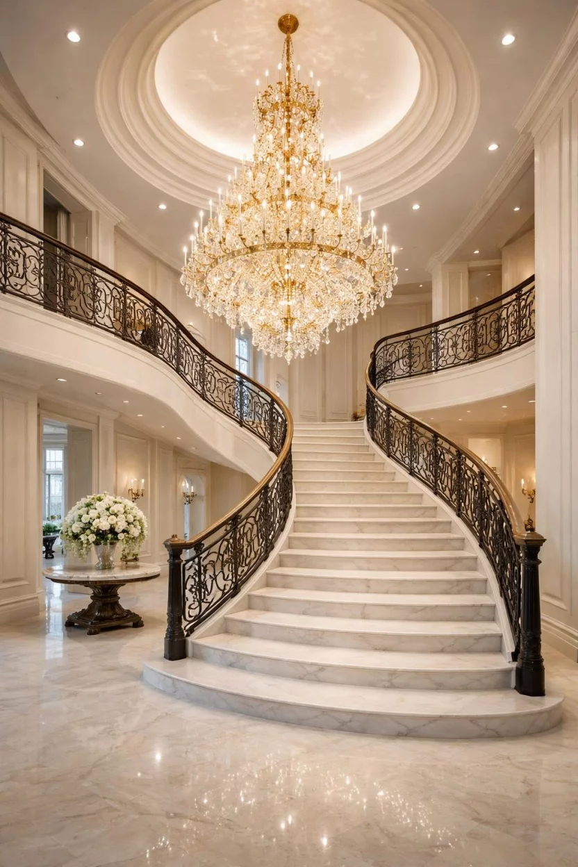 A realistic photo of a grand curved staircase with a large multi tier gold crystal chandelier hanging from the center of the ceiling casting sparkling patterns across white marble steps and a black iron railing.