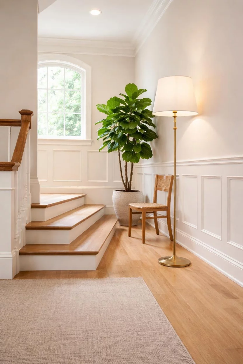 A realistic photo of a wide staircase landing featuring a tall slim brass floor lamp with a white fabric shade next to a green potted plant and a small wooden chair.