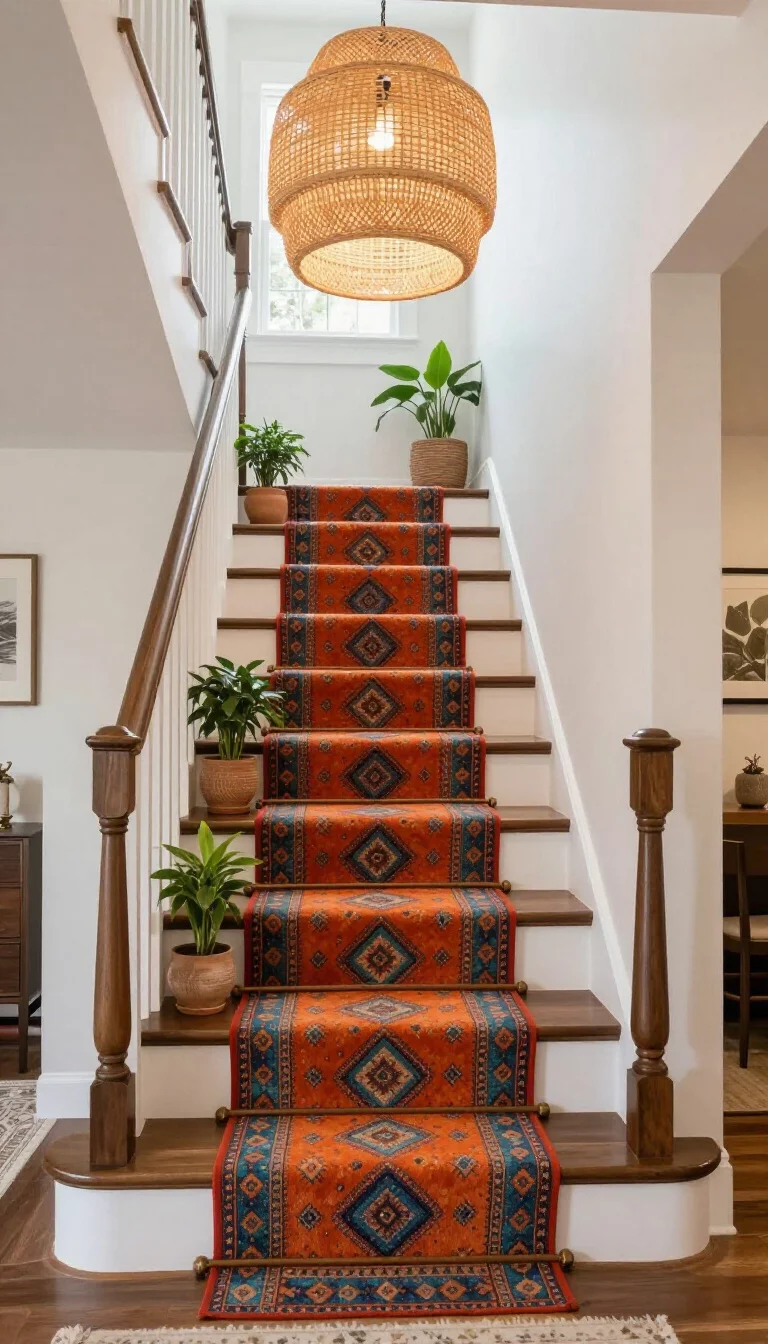 A realistic photo of a typical American home's staircase with a colorful orange and teal bohemian rug runner, accented by a large oversized woven rattan pendant light hanging in the stairwell and several potted green plants sitting on the landing steps.
