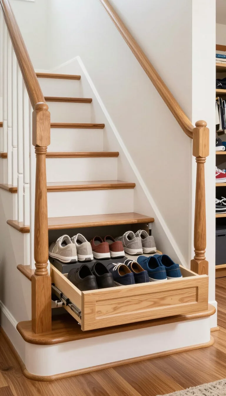 A realistic photo of a typical American home's staircase where one of the wooden risers has been pulled out to reveal a hidden drawer filled with neatly organized shoes, with the other steps looking completely normal and seamless in a bright mudroom setting.