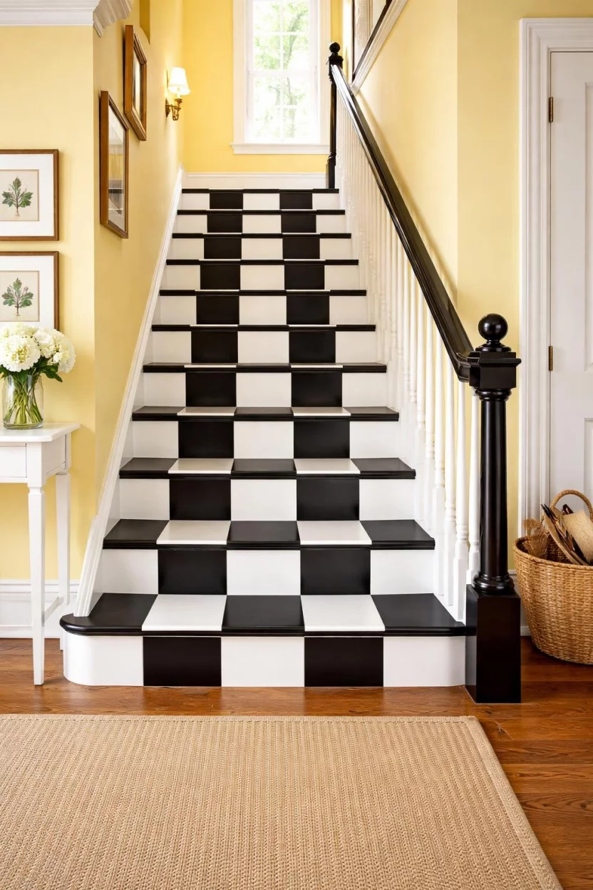 A realistic photo of a typical American home's staircase with steps painted in a classic black and white checkerboard pattern, the handrail is a simple glossy black and the walls are a cheerful soft yellow, creating a fun and energetic entryway vibe.
