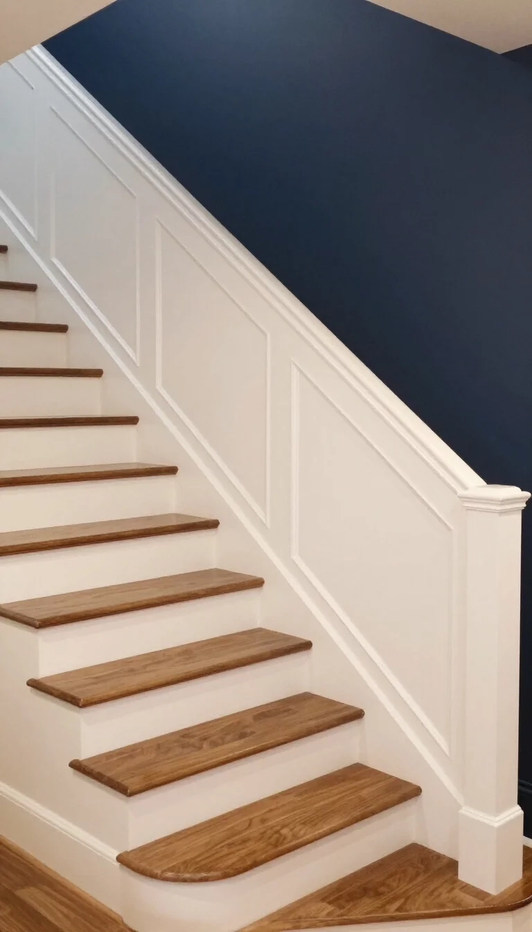 A realistic photo of a typical American home's staircase featuring elegant white raised panel wainscoting along the entire length of the wall, contrasting beautifully with a dark navy blue upper wall and traditional walnut wood steps under warm recessed lighting.