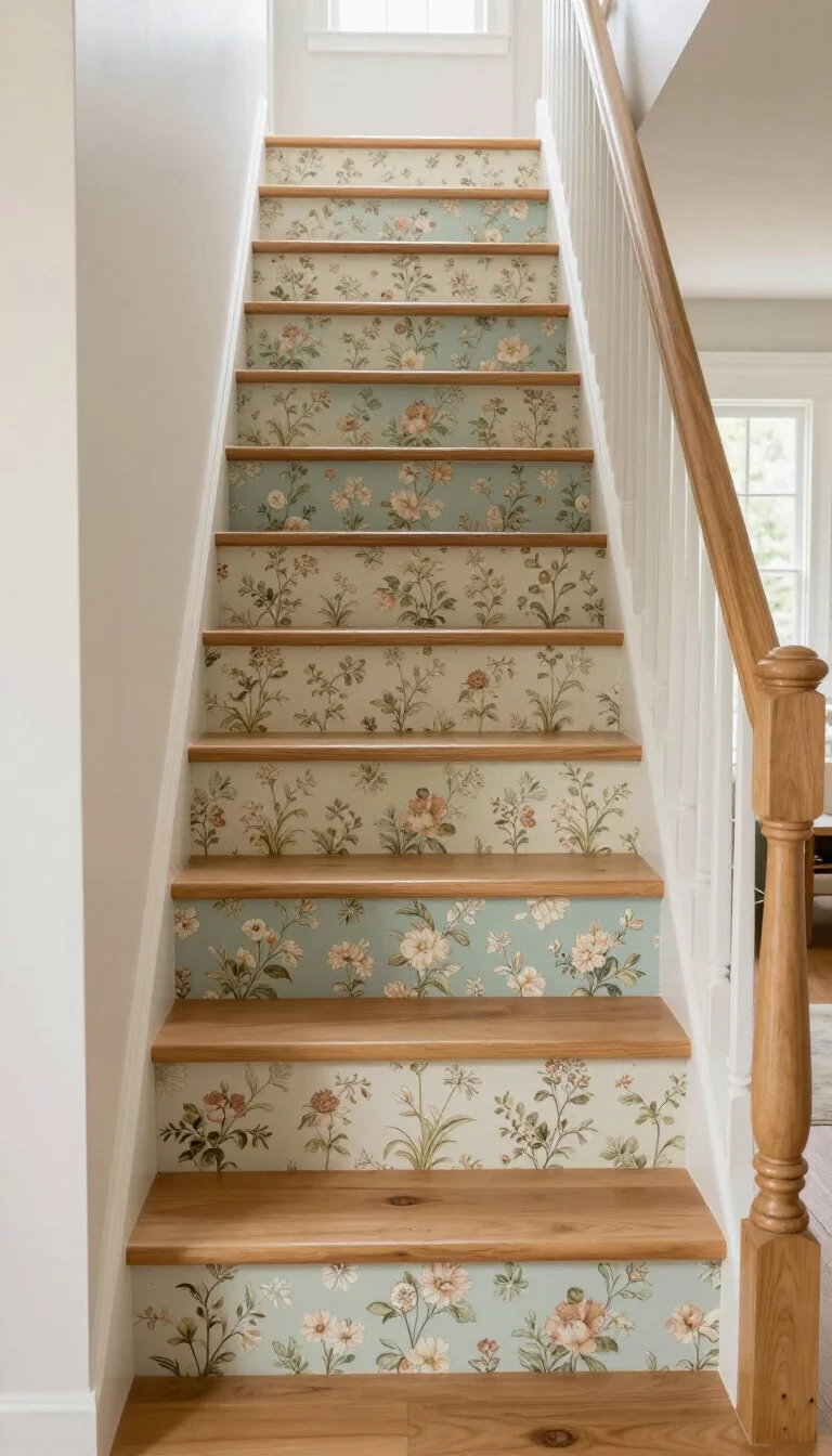 A realistic photo of a typical American home's staircase where each vertical riser displays a different vintage floral wallpaper pattern in muted pastel colors, complementing the light pine wood treads and creating a whimiscal cottage core aesthetic in a sunlit breezy hallway space.