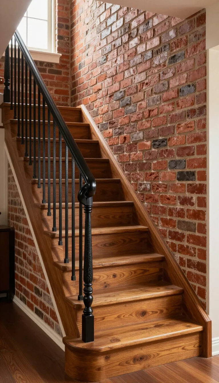 A realistic photo of a typical American home's staircase set against a wall of exposed red brick, featuring thick rustic pine steps and a simple black wrought iron handrail, with warm light from a nearby window highlighting the texture of the brickwork.