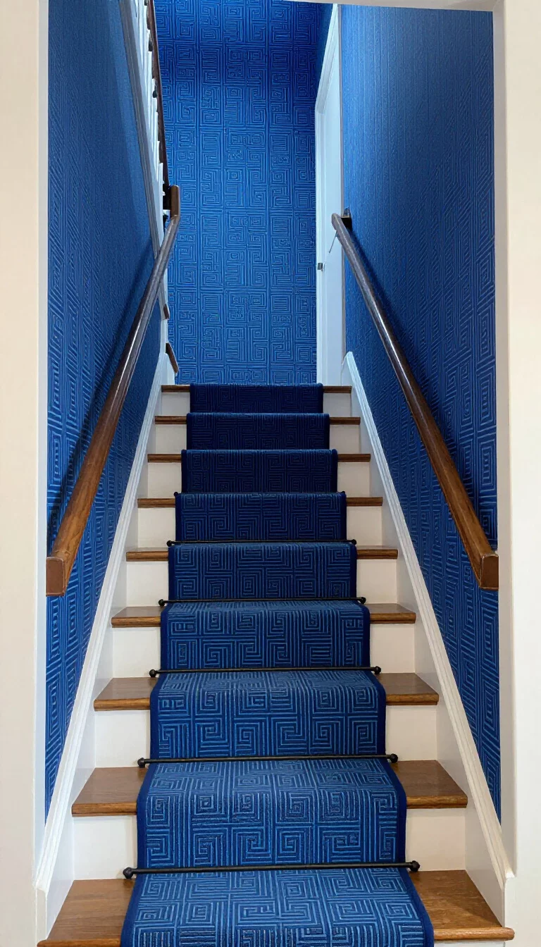 A realistic photo of a typical American home's staircase where the ceiling directly above the stairs is covered in a bold geometric blue wallpaper that matches the pattern of the runner on the steps, creating a cohesive and striking tunnel of color and design.