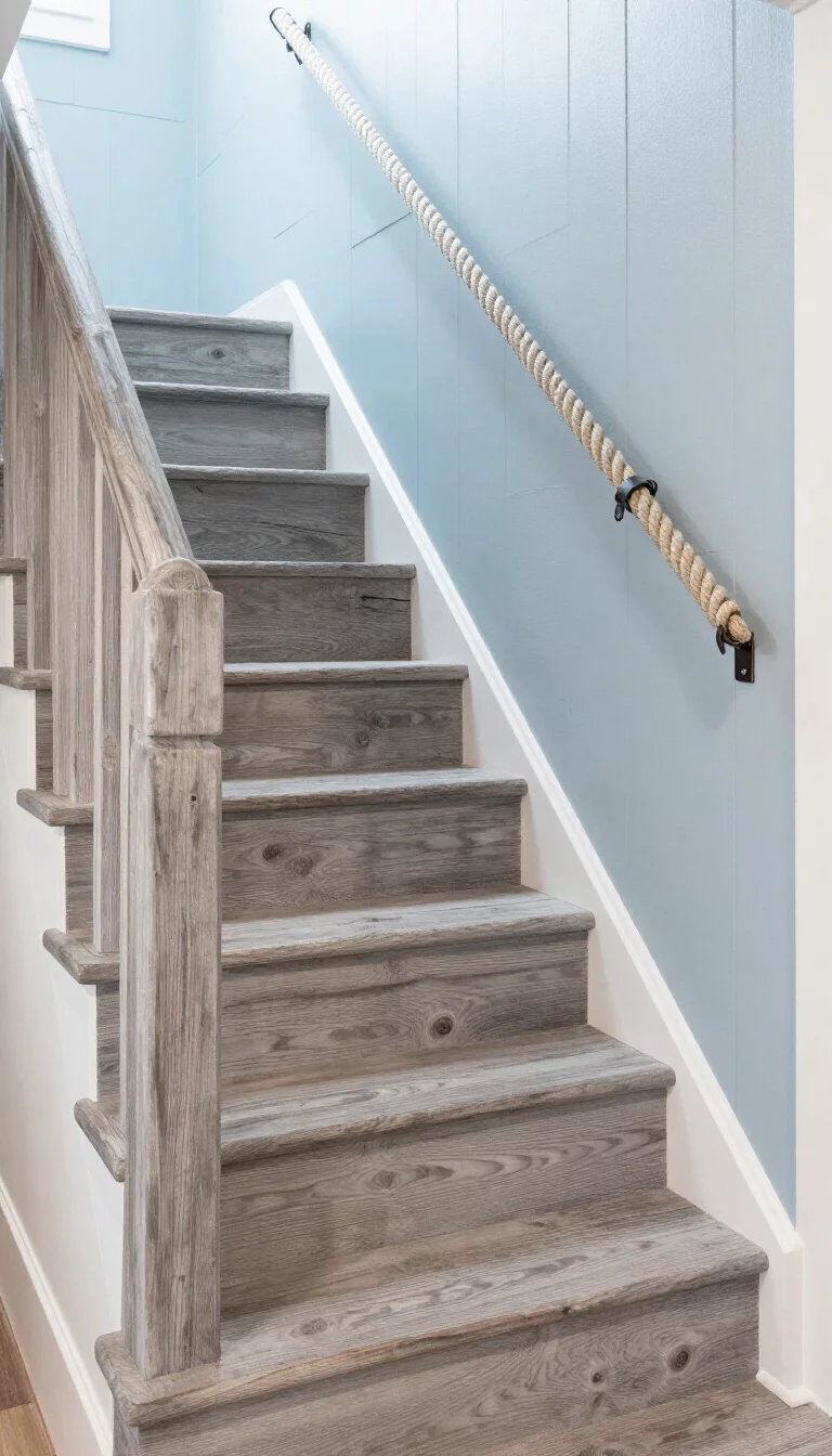 A realistic photo of a typical American home's staircase with weathered grey wood steps resembling seaside driftwood, featuring a thick nautical manila rope used as a handrail and secured by heavy iron cleats against a pale blue shiplap wall background.