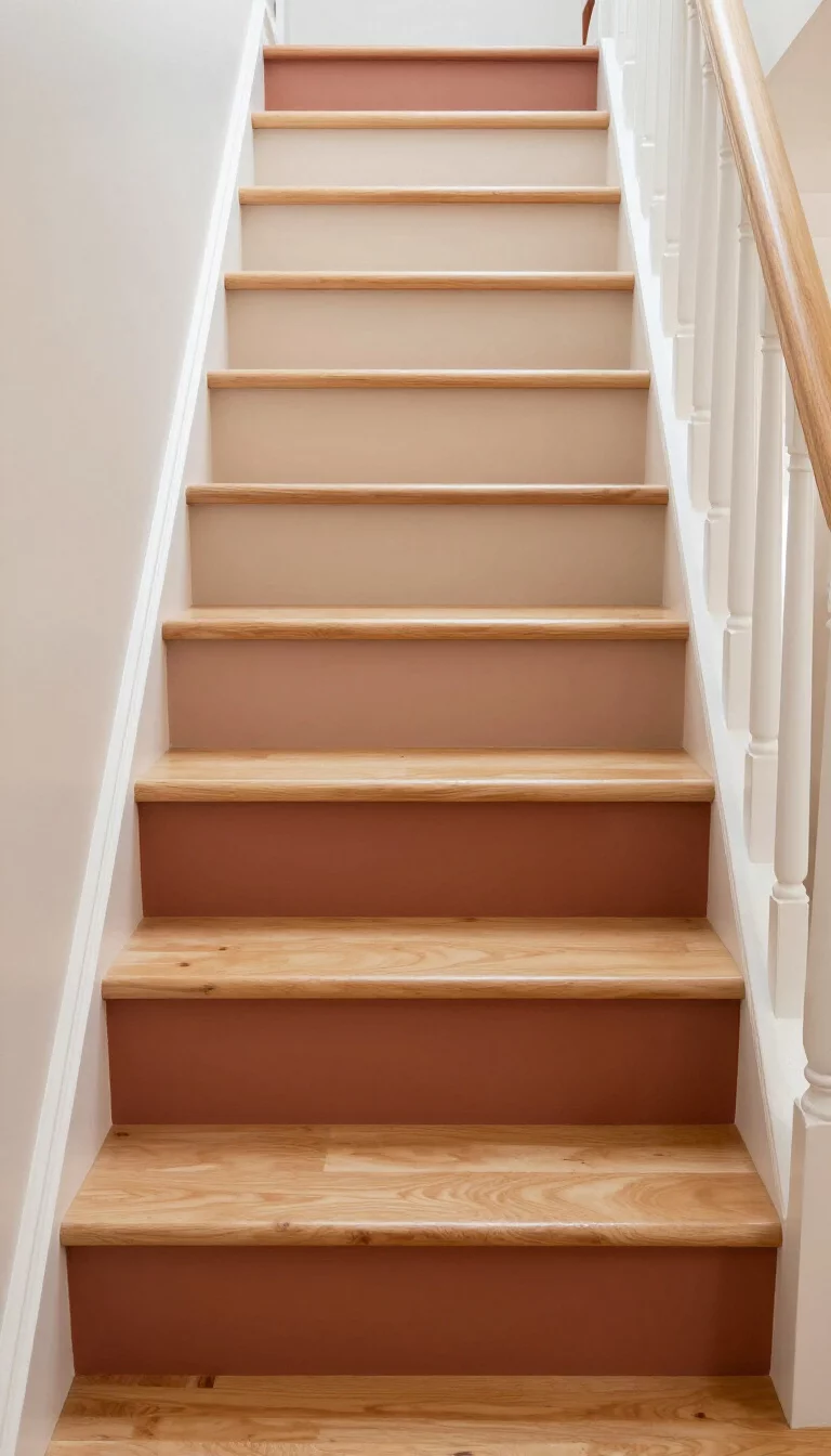 A realistic photo of a typical American home's staircase where the risers are painted in an ombre gradient starting from deep terracotta at the bottom and fading to a pale sandy beige at the top, while the wooden treads remain a natural light maple.
