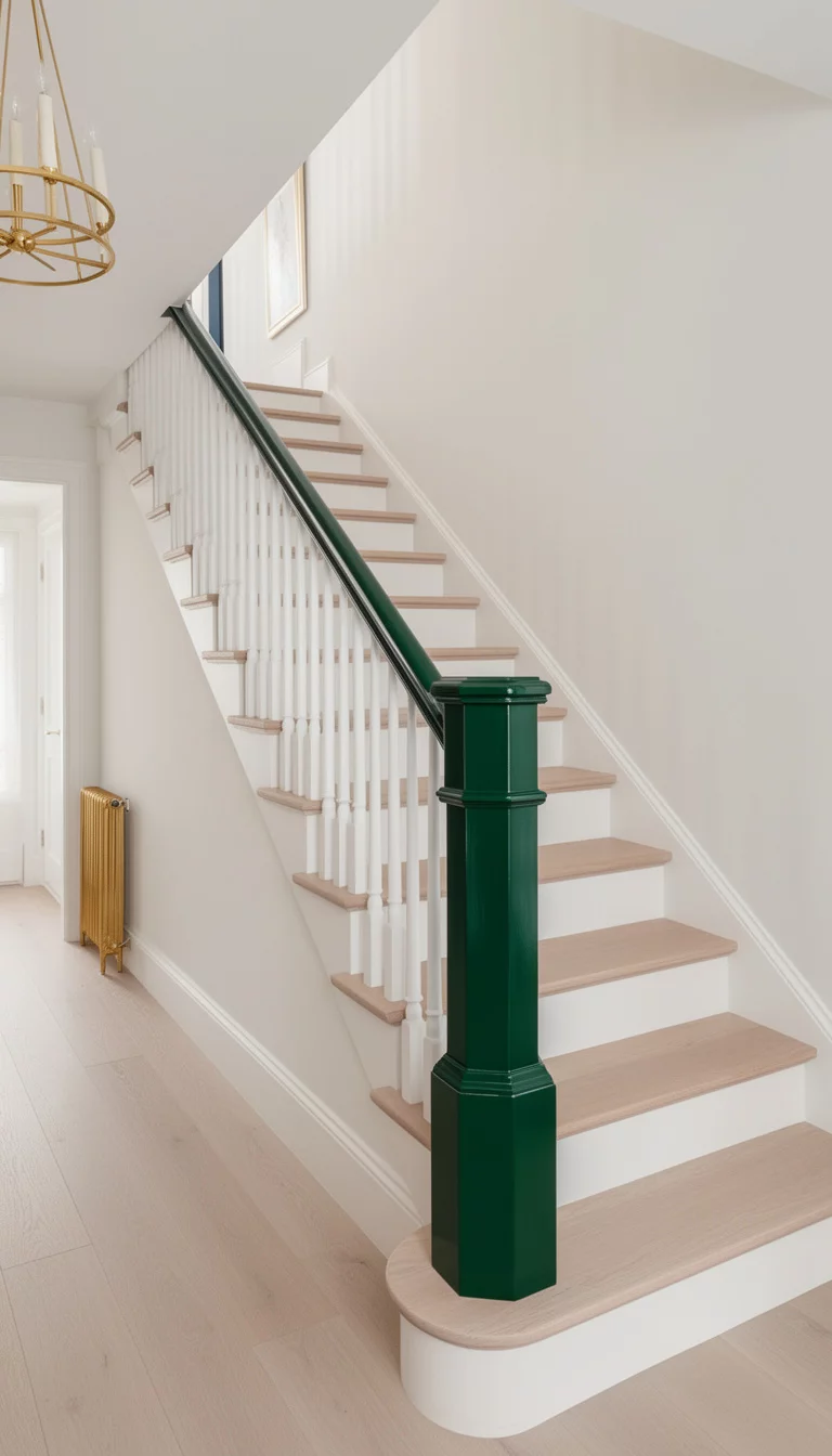 A realistic photo of a typical American home's staircase featuring a sleek banister painted in a high gloss deep emerald green lacquer, contrasting with simple white spindles and light oak steps in a sophisticated and modern hallway with gold accents.