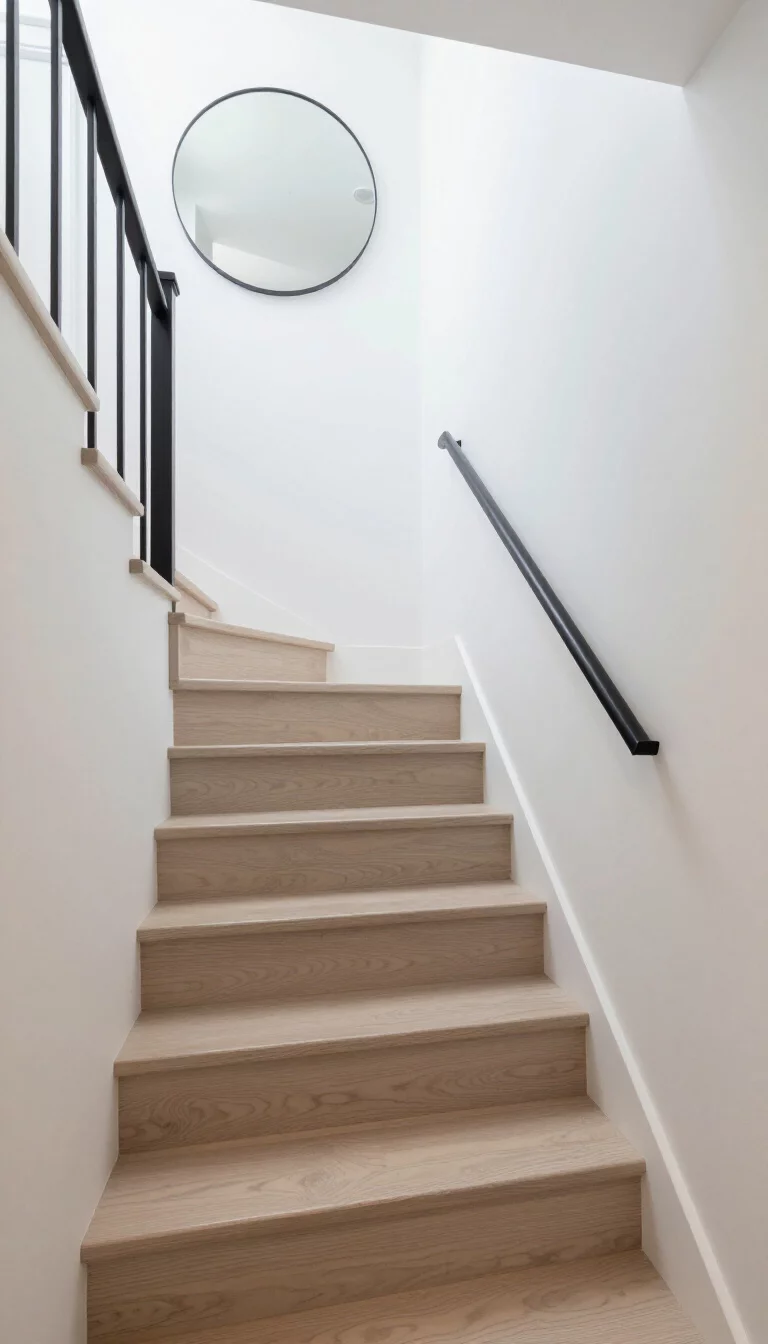 A realistic photo of a typical American home's minimalist staircase featuring pale ash wood steps and a thin black square metal handrail, with white walls and a large round mirror on the landing reflecting the abundant natural light in a clean Nordic design.