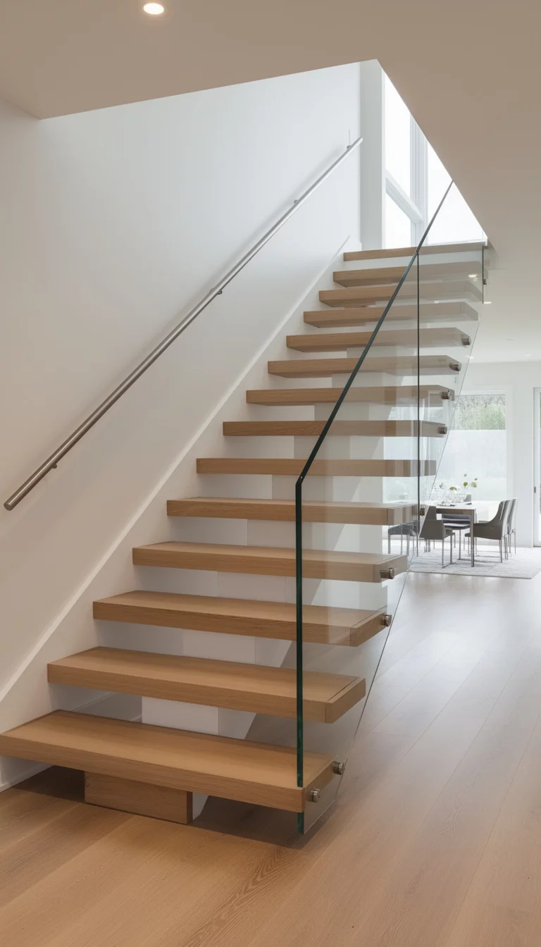 A realistic photo of a typical American home's modern staircase featuring thick oak treads that appear to float out from the wall, paired with seamless clear glass panels instead of traditional balusters and a slim brushed steel handrail for an open feel.