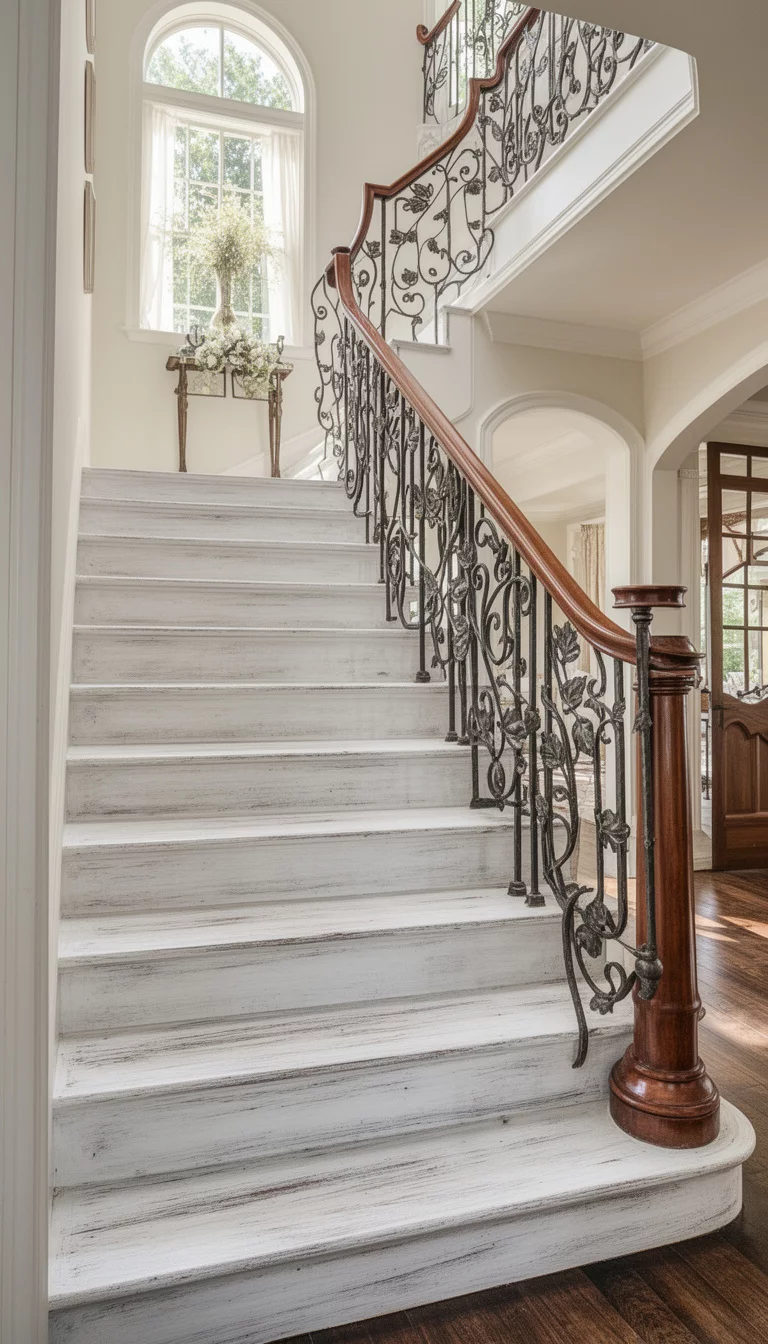 A realistic photo of a typical American home's staircase with white washed and distressed wood steps, a gracefully curved mahogany banister, and an ornate wrought iron railing featuring delicate leaf scrolls in a sun drenched European inspired entryway.