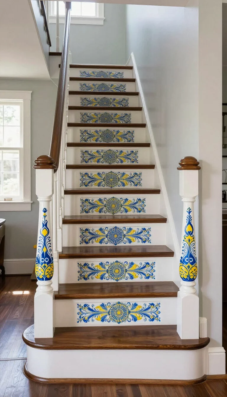 A realistic photo of a typical American home's staircase featuring intricately painted Mediterranean patterns on the vertical risers, showcasing vibrant blues and yellows against white wood, while the dark oak treads provide a solid contrast under bright morning sunlight streaming through a nearby hallway window.