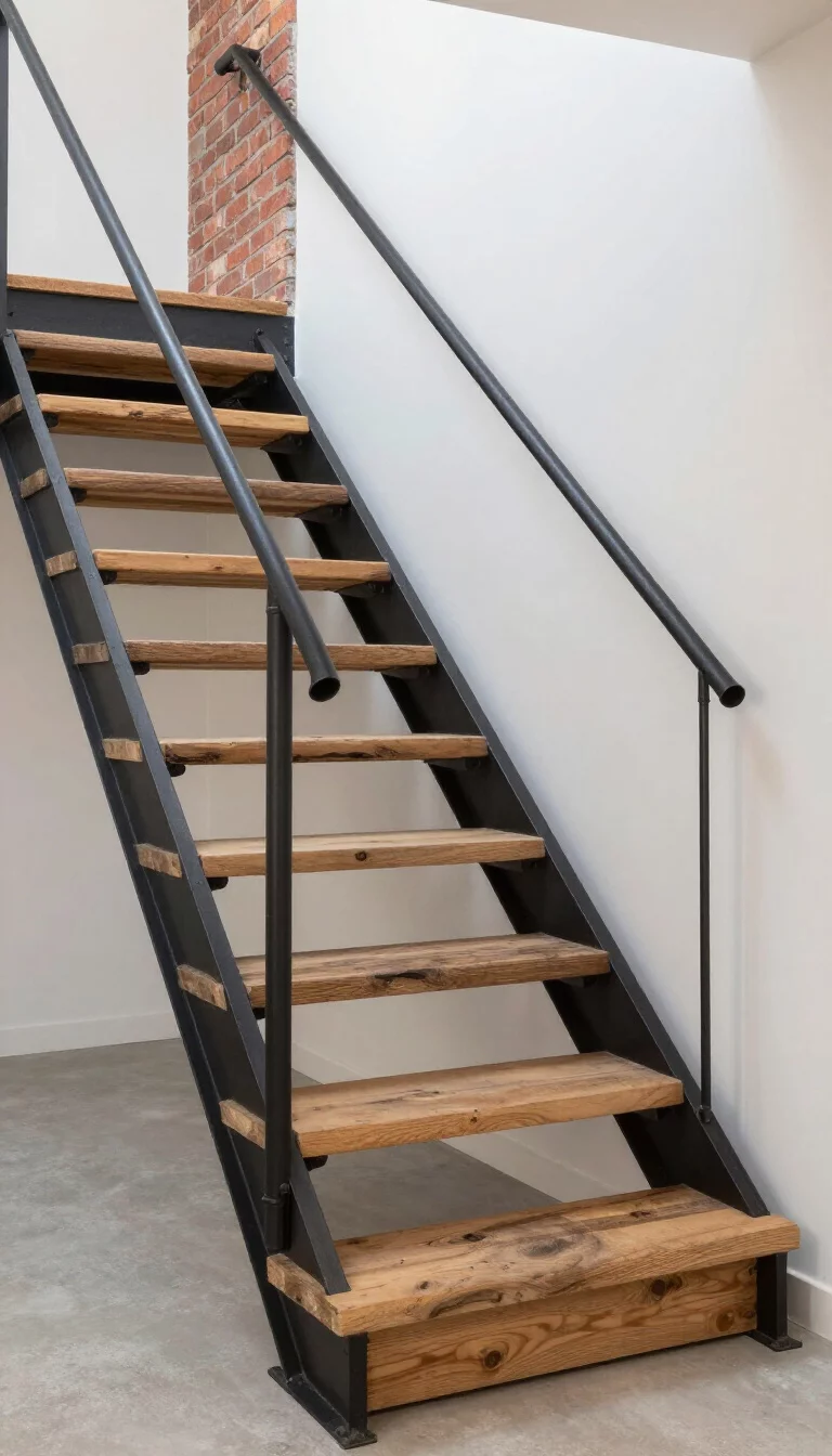 A realistic photo of a typical American home's staircase featuring thick reclaimed barn wood steps supported by a visible black industrial steel frame, with a simple pipe metal handrail and exposed brick accents on the far wall in a loft style interior.