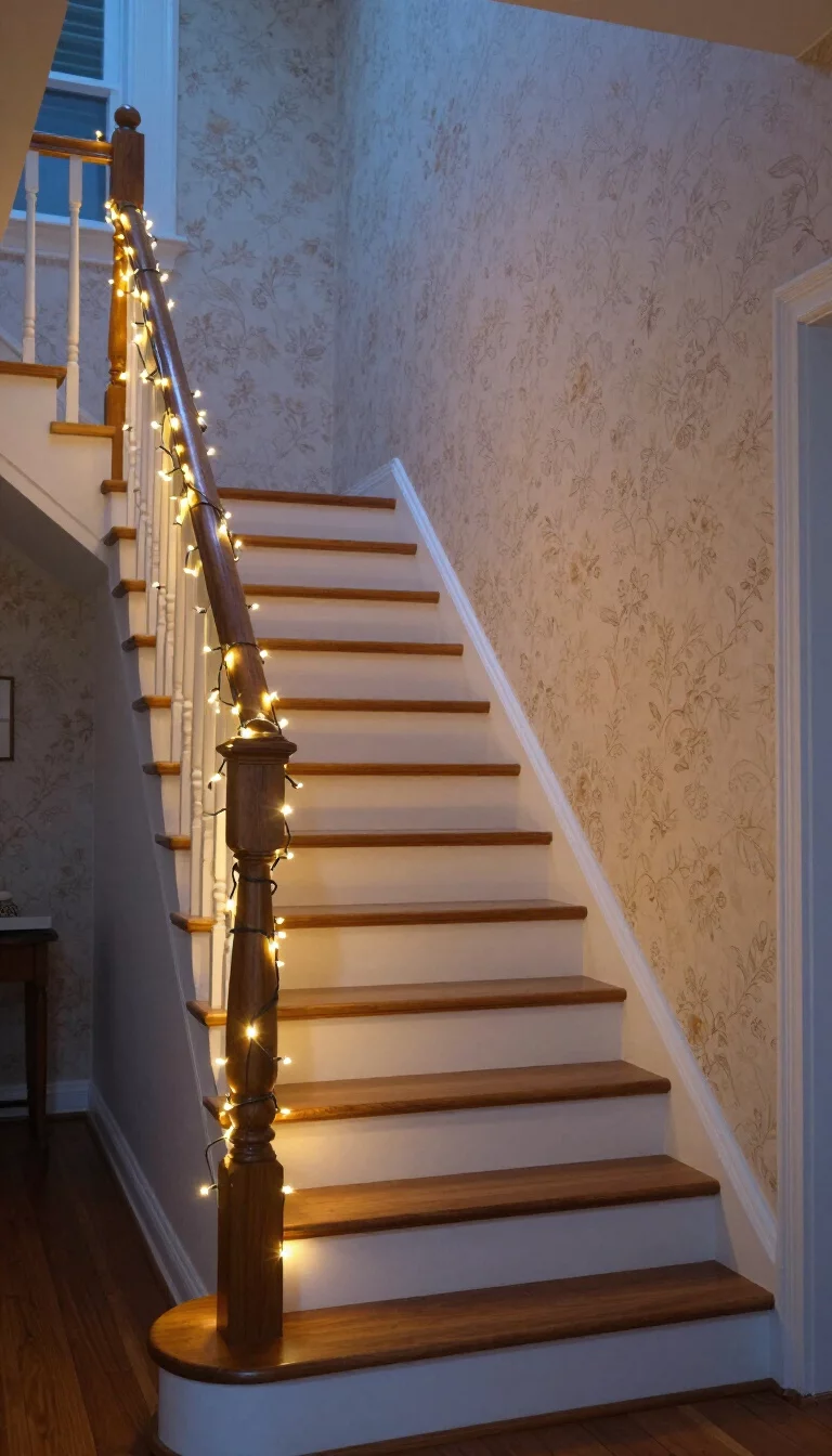 A realistic photo of a typical American home's staircase at dusk with warm white fairy lights draped delicately along the wooden railing, illuminating the simple pine steps and soft floral wallpaper on the walls for a magical and cozy cottage atmosphere.