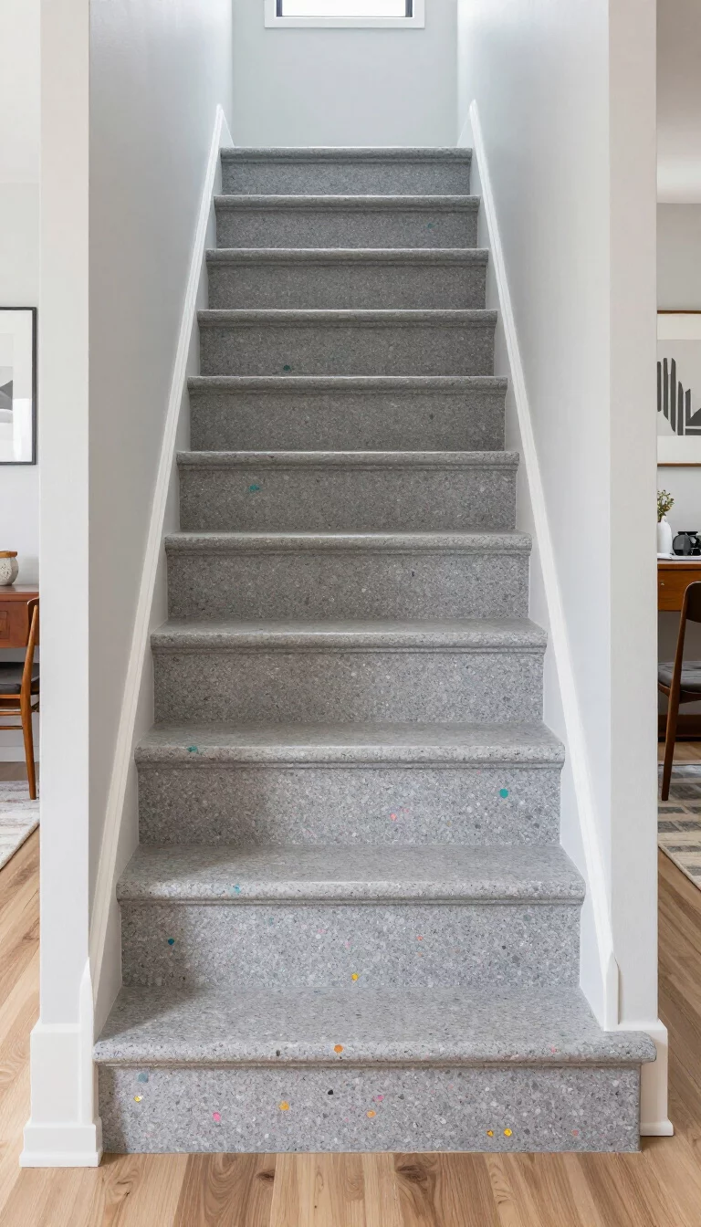 A realistic photo of a typical American home's staircase with risers painted to look like grey terrazzo with colorful flecks of pink, teal, and gold, while the steps are a clean light grey and the hallway features mid century modern furniture and decor.