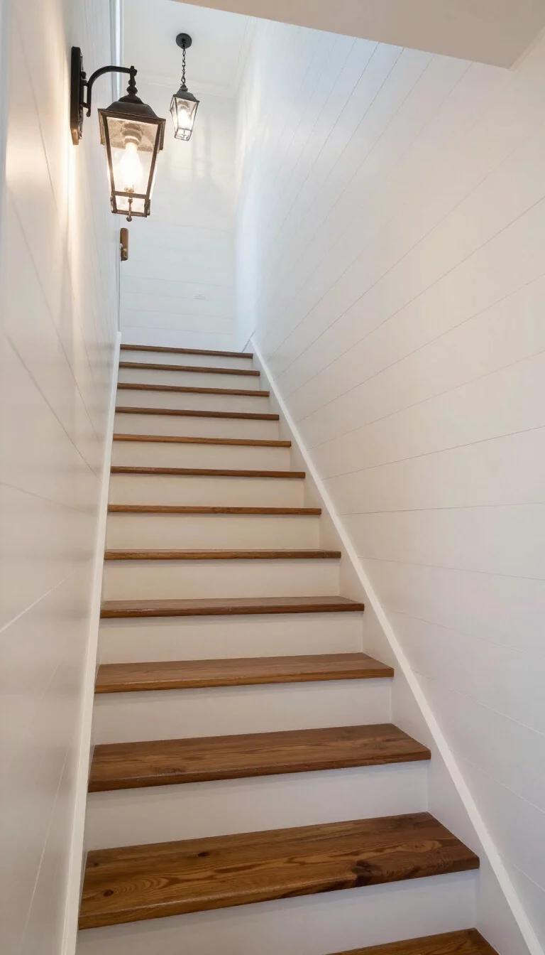 A realistic photo of a typical American home's staircase featuring horizontal white shiplap boards lining the wall, simple dark wood steps, and a series of black metal vintage style lanterns hanging from the ceiling at staggered heights to illuminate the wooden path upward.