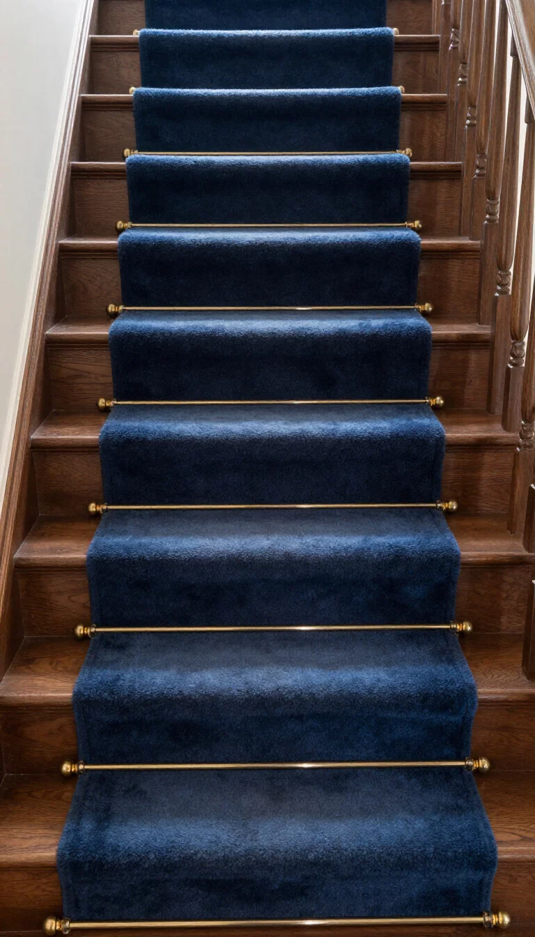 A realistic photo of a typical American home's staircase covered in a navy blue wool carpet runner secured by shiny polished brass stair rods at the base of each step, highlighting the dark mahogany wood of the stairs in a formal traditional setting.