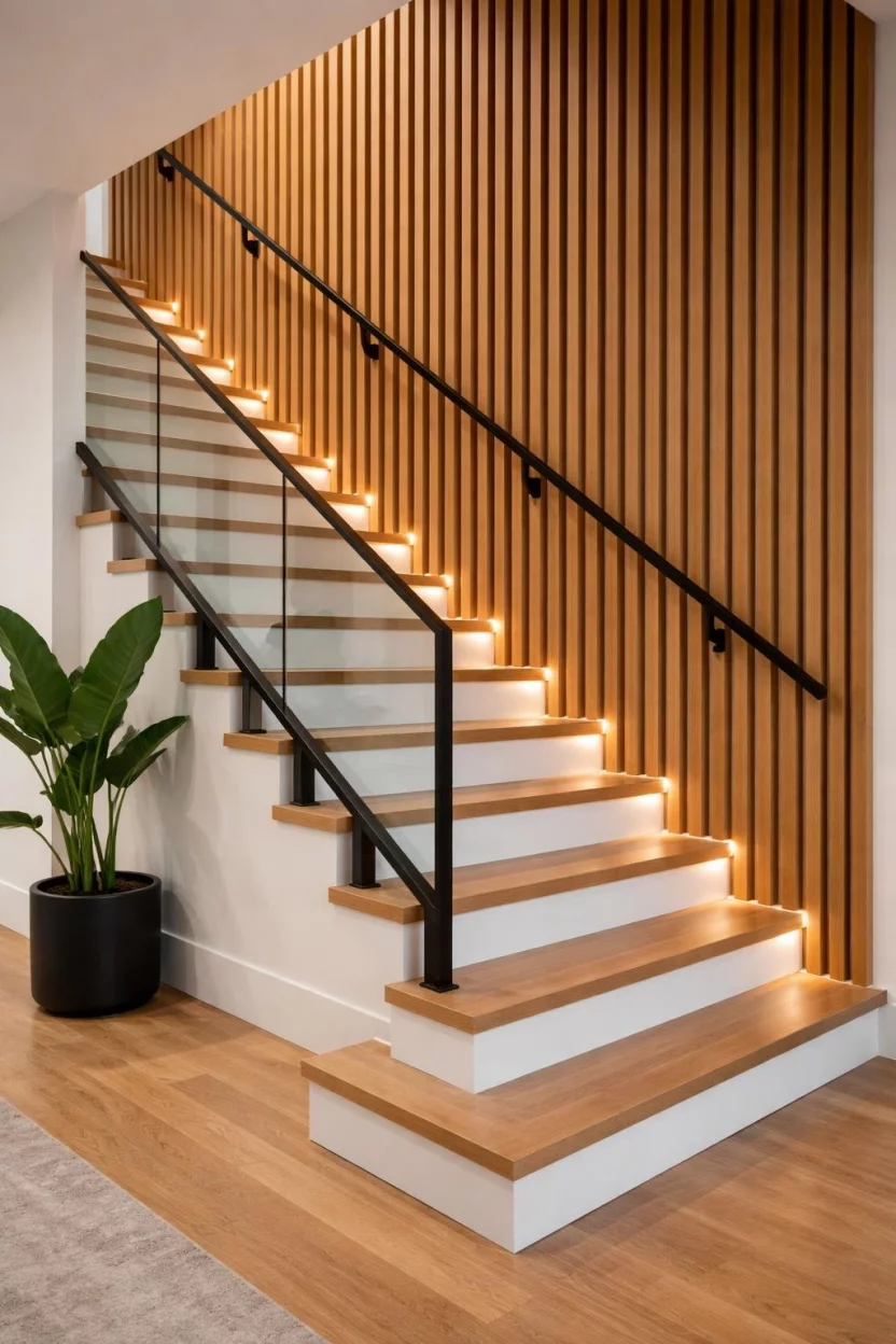A realistic photo of a modern staircase featuring a vertical warm oak wood slat wall behind the steps with integrated lighting and black hardware.