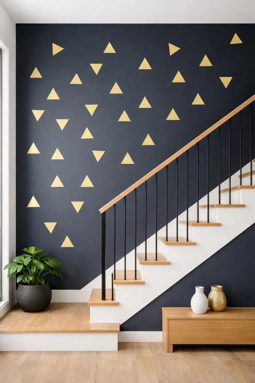 A realistic photo of a modern staircase wall decorated with a pattern of gold metallic triangle wall decals arranged randomly on a matte navy blue background.