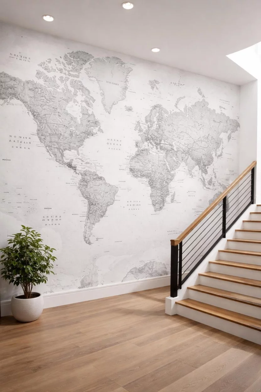 A realistic photo of a large staircase wall covered with a grey and white world map wallpaper featuring subtle topography and black text labels.