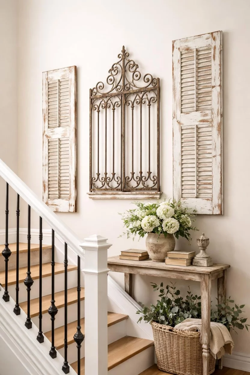 A realistic photo of a staircase wall decorated with weathered white wooden shutters and an antique iron gate fragment against a light beige wall.
