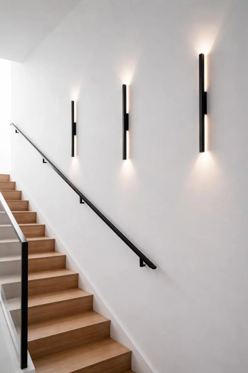 A realistic photo of a minimalist staircase wall with sleek black slim led sconces projecting light vertically against a white plaster wall.