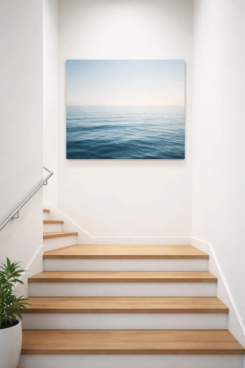 A realistic photo of a minimalist staircase featuring one large horizontal canvas with a calming blue ocean landscape hanging on a tall white wall above wooden stairs.