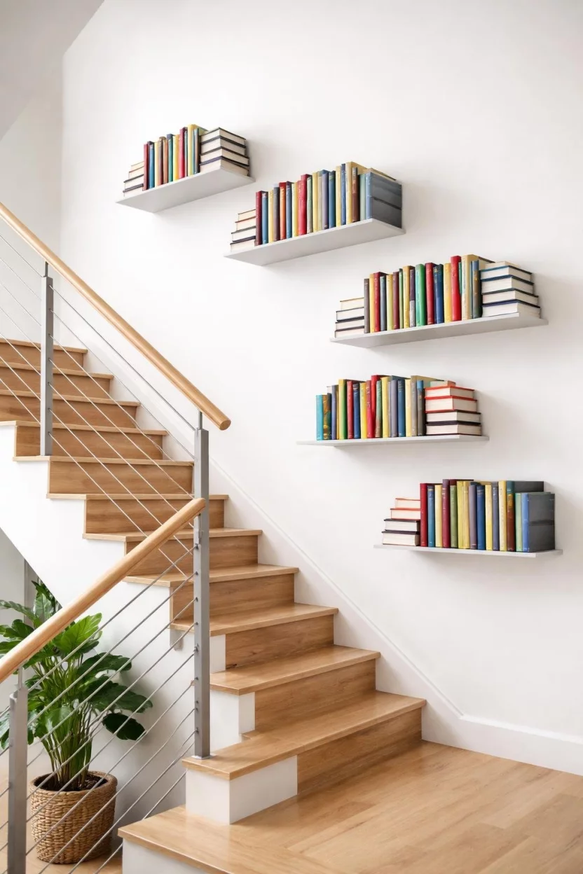 A realistic photo of a staircase wall with invisible floating bookshelves holding colorful hardcover books that look like they are floating against a white wall.