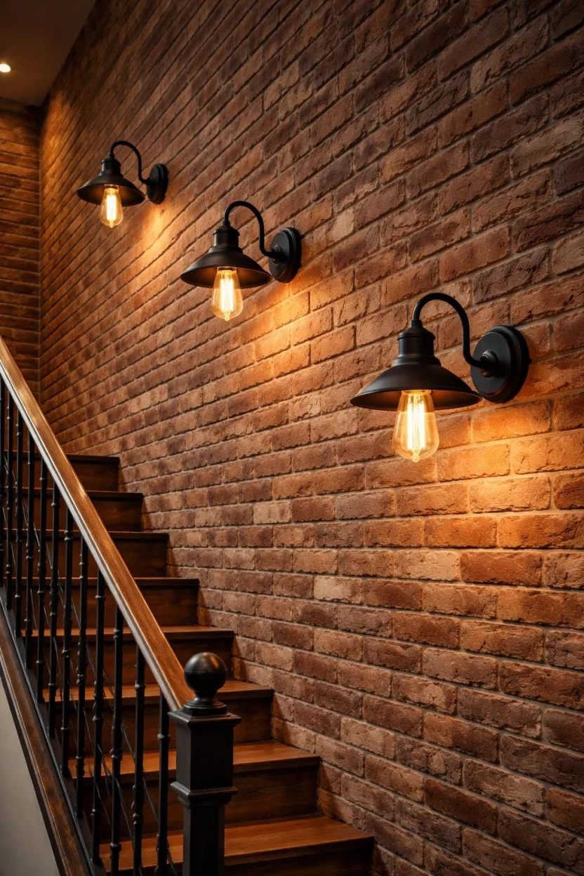 A realistic photo of a rustic staircase wall featuring matte black industrial wall sconces with edison bulbs illuminating a textured red brick wall.