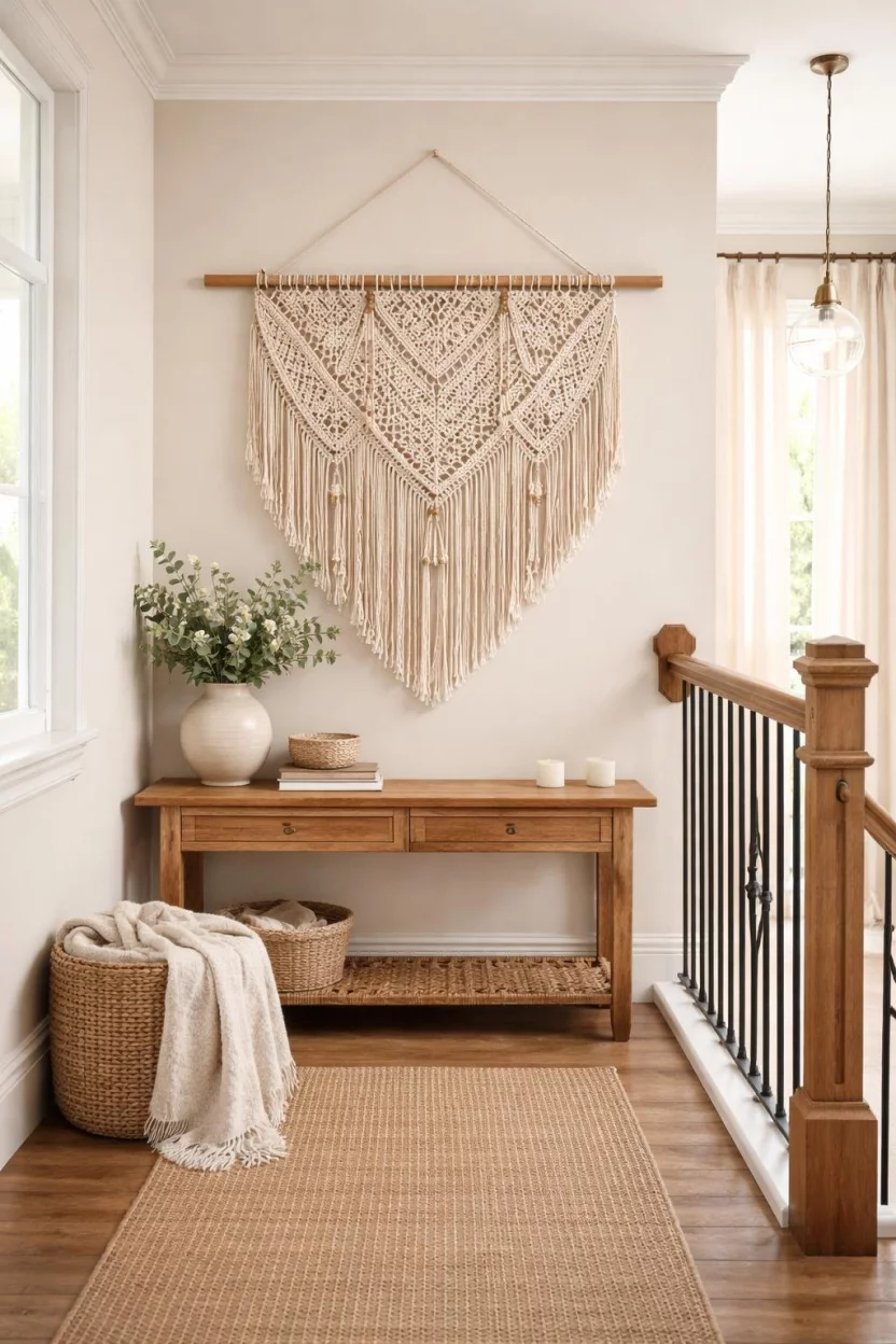 A realistic photo of a cozy staircase landing featuring a large cream cotton macrame wall hanging with intricate fringe and beads on a wooden dowel.